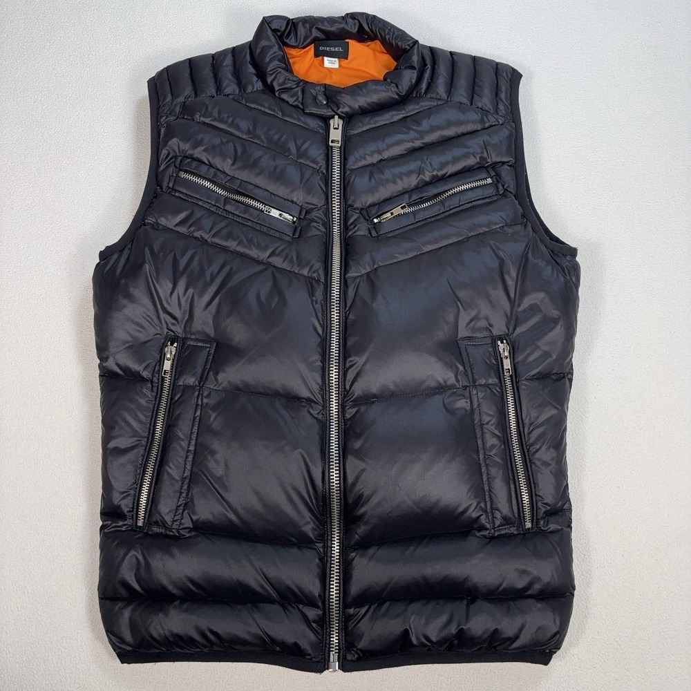 Diesel Duck Down Puffer Vest Men S Black Stowaway Hood Full Zip Pockets Spellout